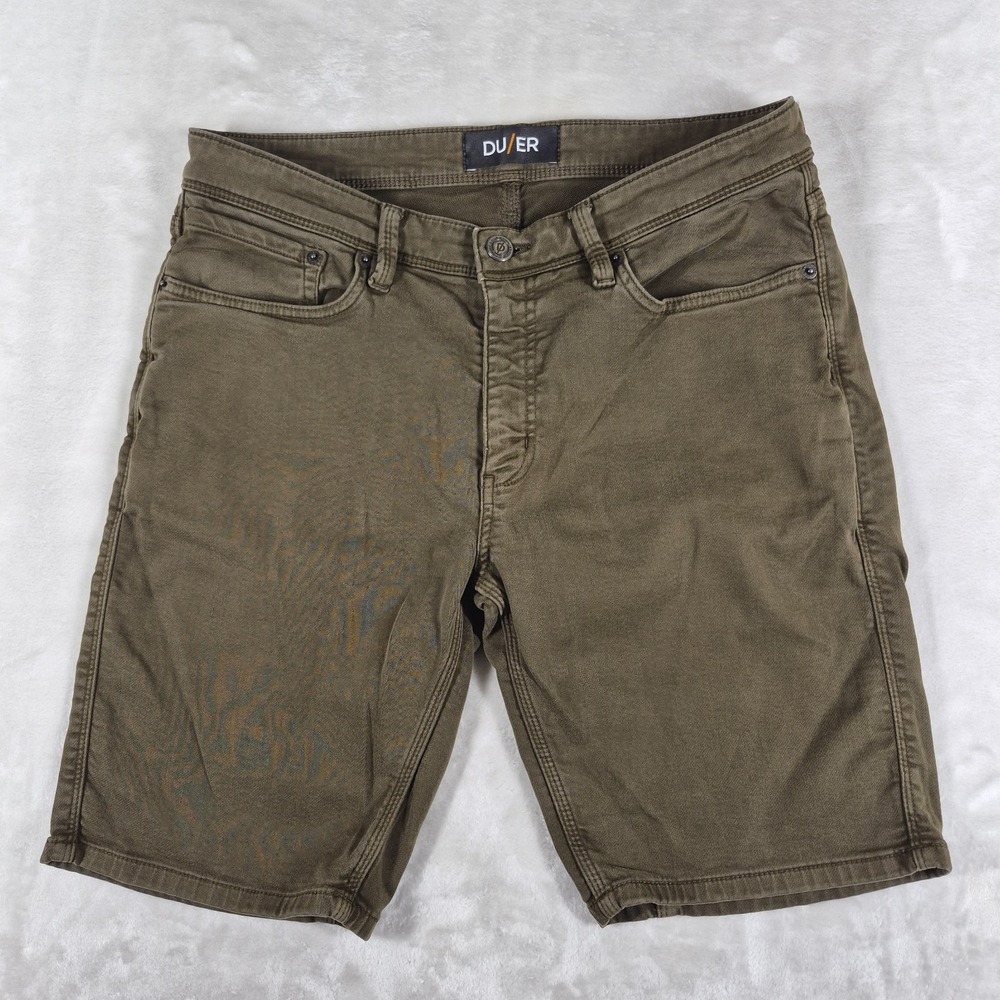 DU/ER No Sweat N2X Shorts Men's 34 Olive Green 9" Inseam Slim Fit Stretch Casual